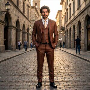 New 2026 Mens 3pc Sharkskin Cognac Suit Set, Hybrid Fit (H1)